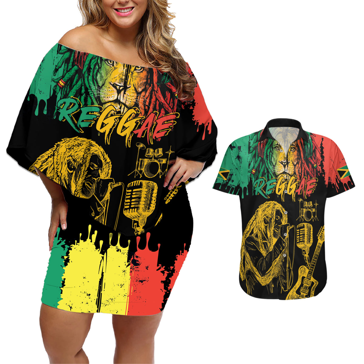International Reggae Day Couples Matching Off Shoulder Short Dress and Hawaiian Shirt Rastafarian Lion and B-Marley Passion - Wonder Print Shop