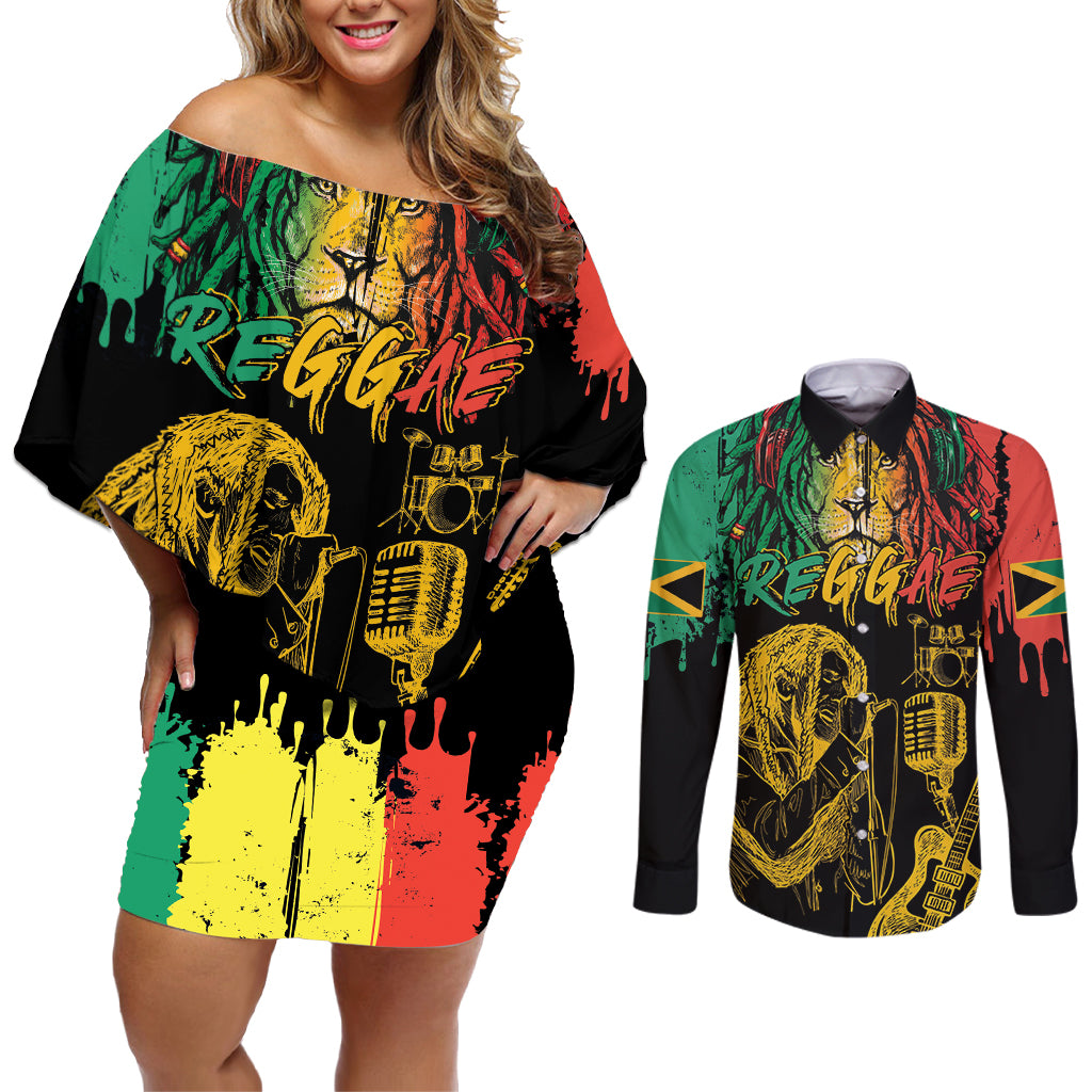 International Reggae Day Couples Matching Off Shoulder Short Dress and Long Sleeve Button Shirt Rastafarian Lion and B-Marley Passion - Wonder Print Shop