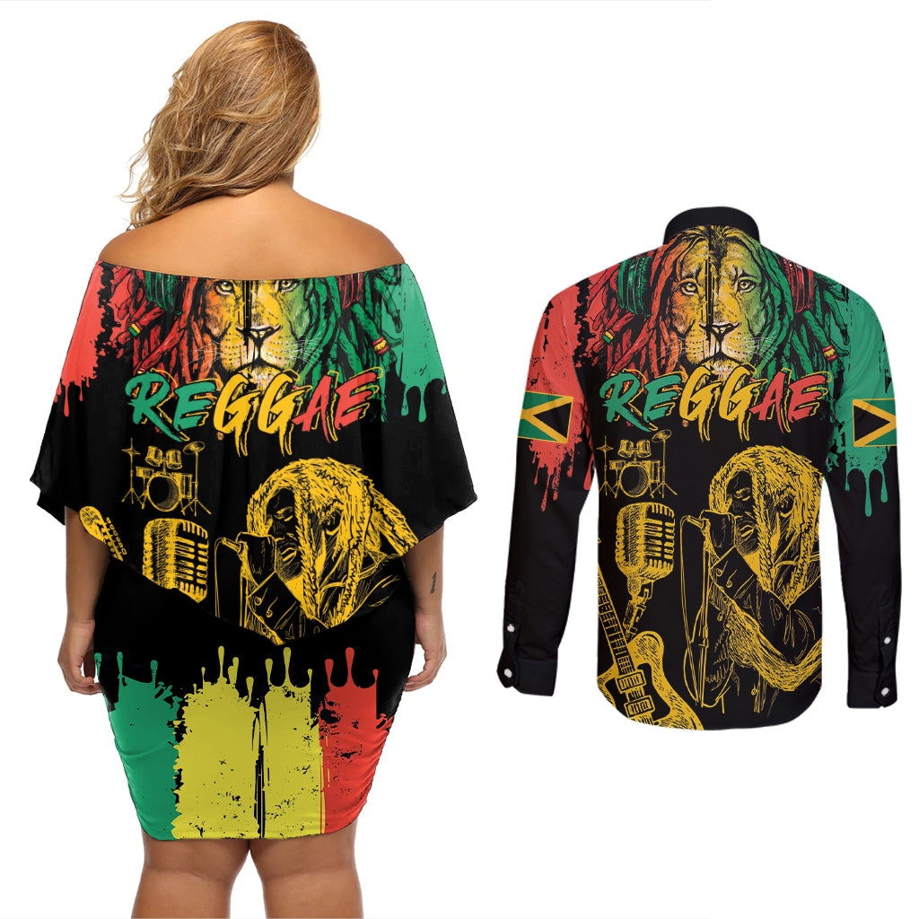 International Reggae Day Couples Matching Off Shoulder Short Dress and Long Sleeve Button Shirt Rastafarian Lion and B-Marley Passion - Wonder Print Shop
