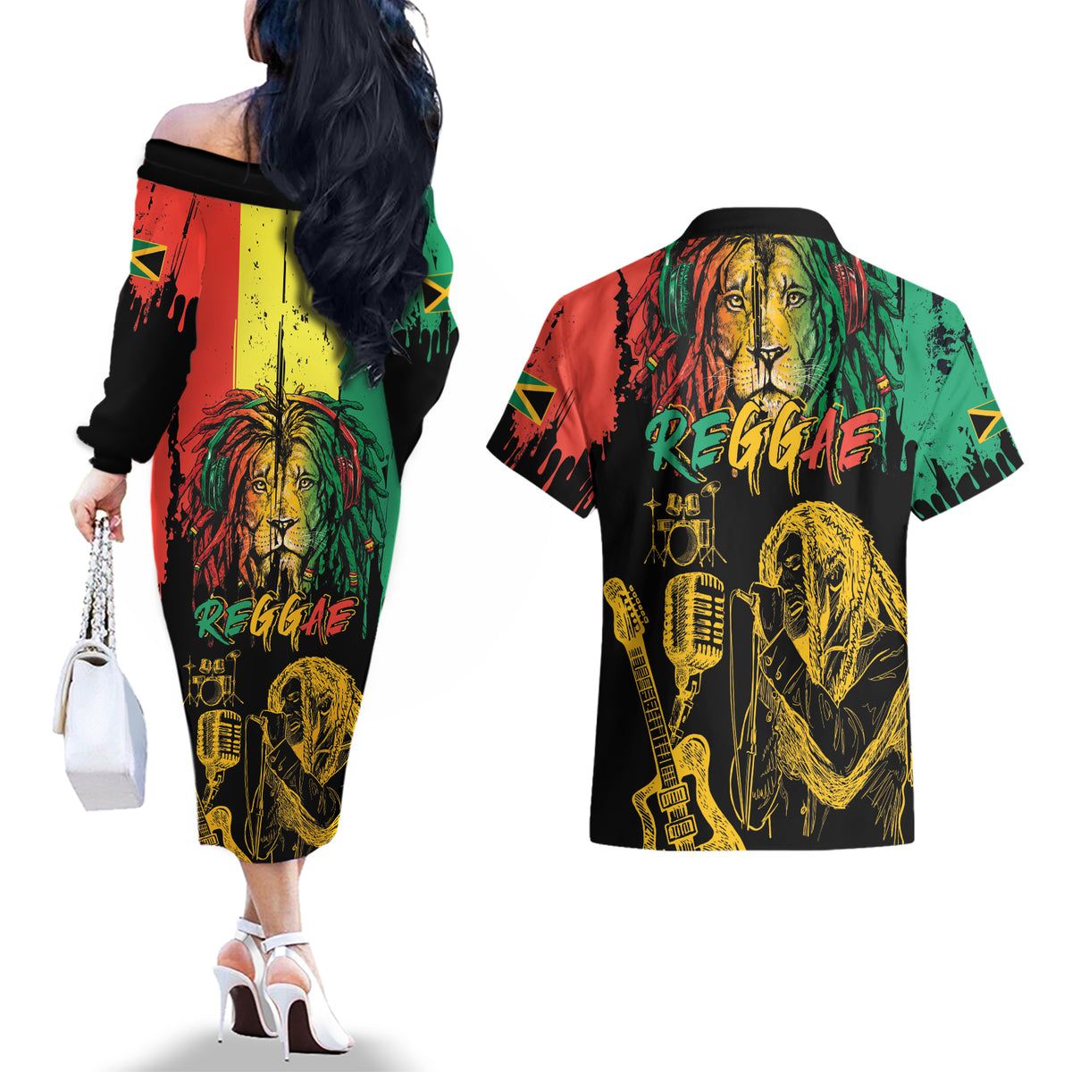 International Reggae Day Couples Matching Off The Shoulder Long Sleeve Dress and Hawaiian Shirt Rastafarian Lion and B-Marley Passion - Wonder Print Shop