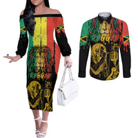 International Reggae Day Couples Matching Off The Shoulder Long Sleeve Dress and Long Sleeve Button Shirt Rastafarian Lion and B-Marley Passion