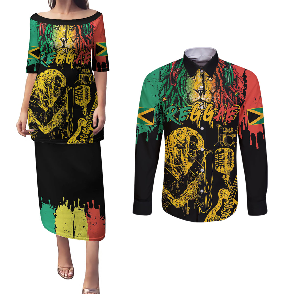 International Reggae Day Couples Matching Puletasi and Long Sleeve Button Shirt Rastafarian Lion and B-Marley Passion - Wonder Print Shop