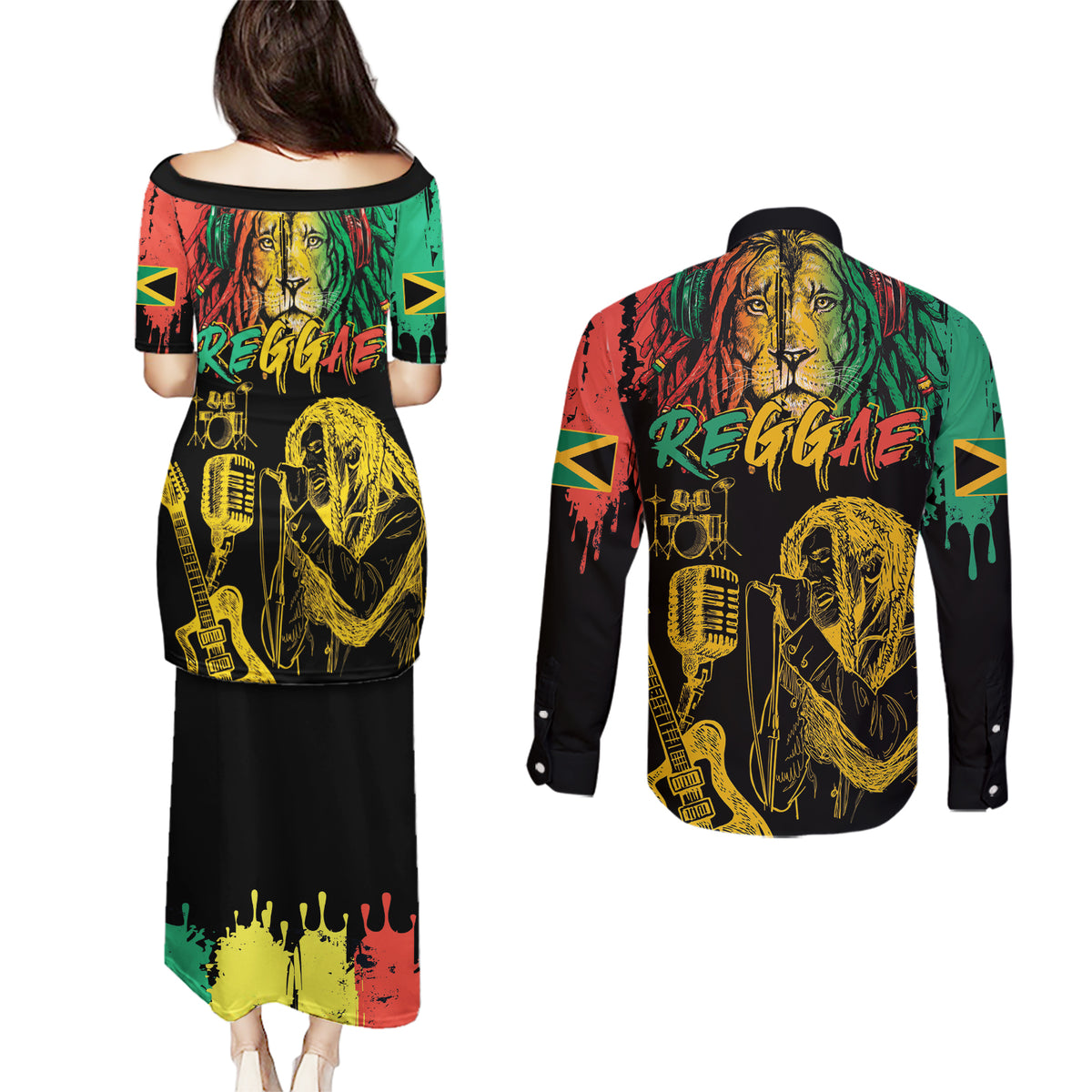 International Reggae Day Couples Matching Puletasi and Long Sleeve Button Shirt Rastafarian Lion and B-Marley Passion - Wonder Print Shop
