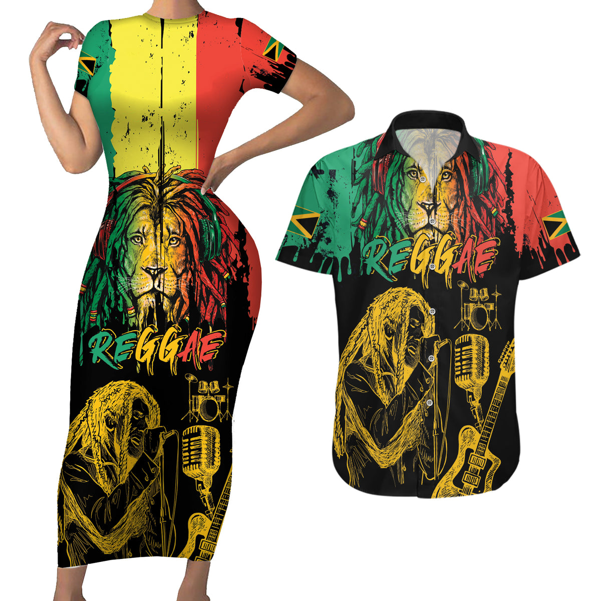 International Reggae Day Couples Matching Short Sleeve Bodycon Dress and Hawaiian Shirt Rastafarian Lion and B-Marley Passion - Wonder Print Shop
