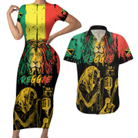 International Reggae Day Couples Matching Short Sleeve Bodycon Dress and Hawaiian Shirt Rastafarian Lion and B-Marley Passion - Wonder Print Shop
