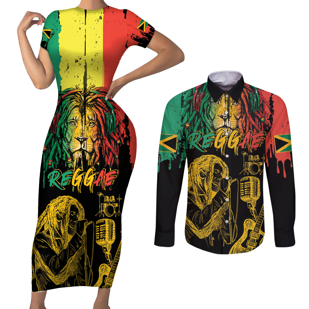 International Reggae Day Couples Matching Short Sleeve Bodycon Dress and Long Sleeve Button Shirt Rastafarian Lion and B-Marley Passion - Wonder Print Shop