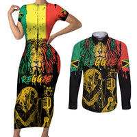 International Reggae Day Couples Matching Short Sleeve Bodycon Dress and Long Sleeve Button Shirt Rastafarian Lion and B-Marley Passion - Wonder Print Shop