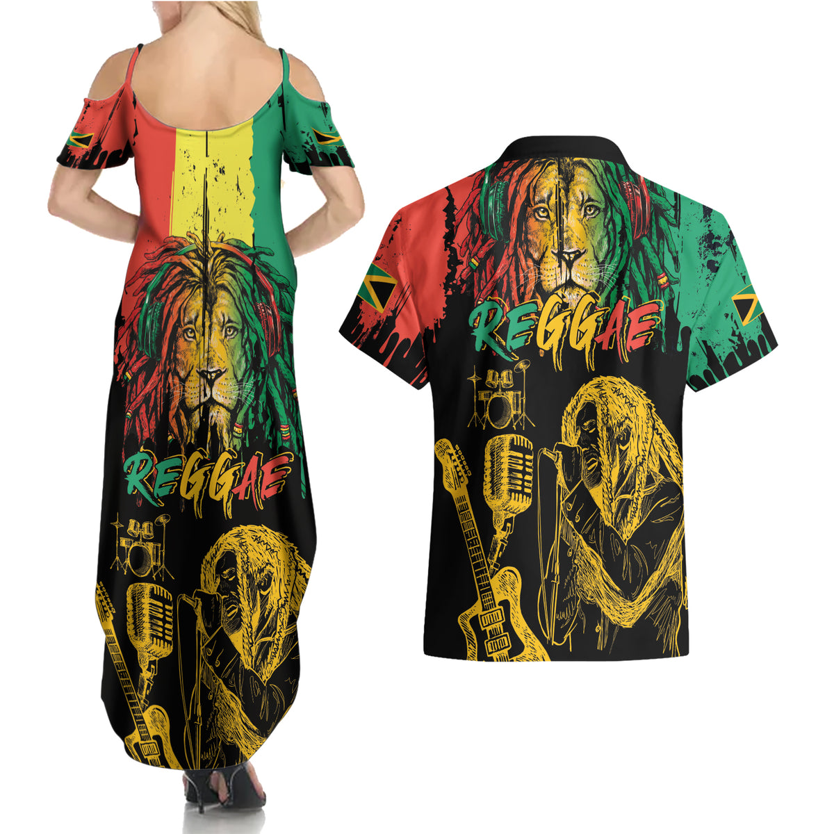 International Reggae Day Couples Matching Summer Maxi Dress and Hawaiian Shirt Rastafarian Lion and B-Marley Passion - Wonder Print Shop
