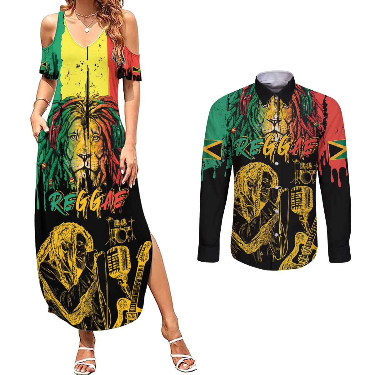 International Reggae Day Couples Matching Summer Maxi Dress and Long Sleeve Button Shirt Rastafarian Lion and B-Marley Passion - Wonder Print Shop