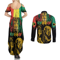 International Reggae Day Couples Matching Summer Maxi Dress and Long Sleeve Button Shirt Rastafarian Lion and B-Marley Passion - Wonder Print Shop