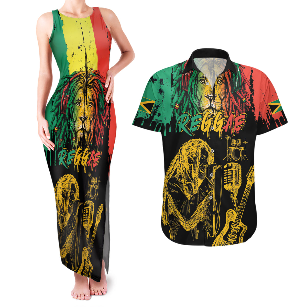 International Reggae Day Couples Matching Tank Maxi Dress and Hawaiian Shirt Rastafarian Lion and B-Marley Passion - Wonder Print Shop