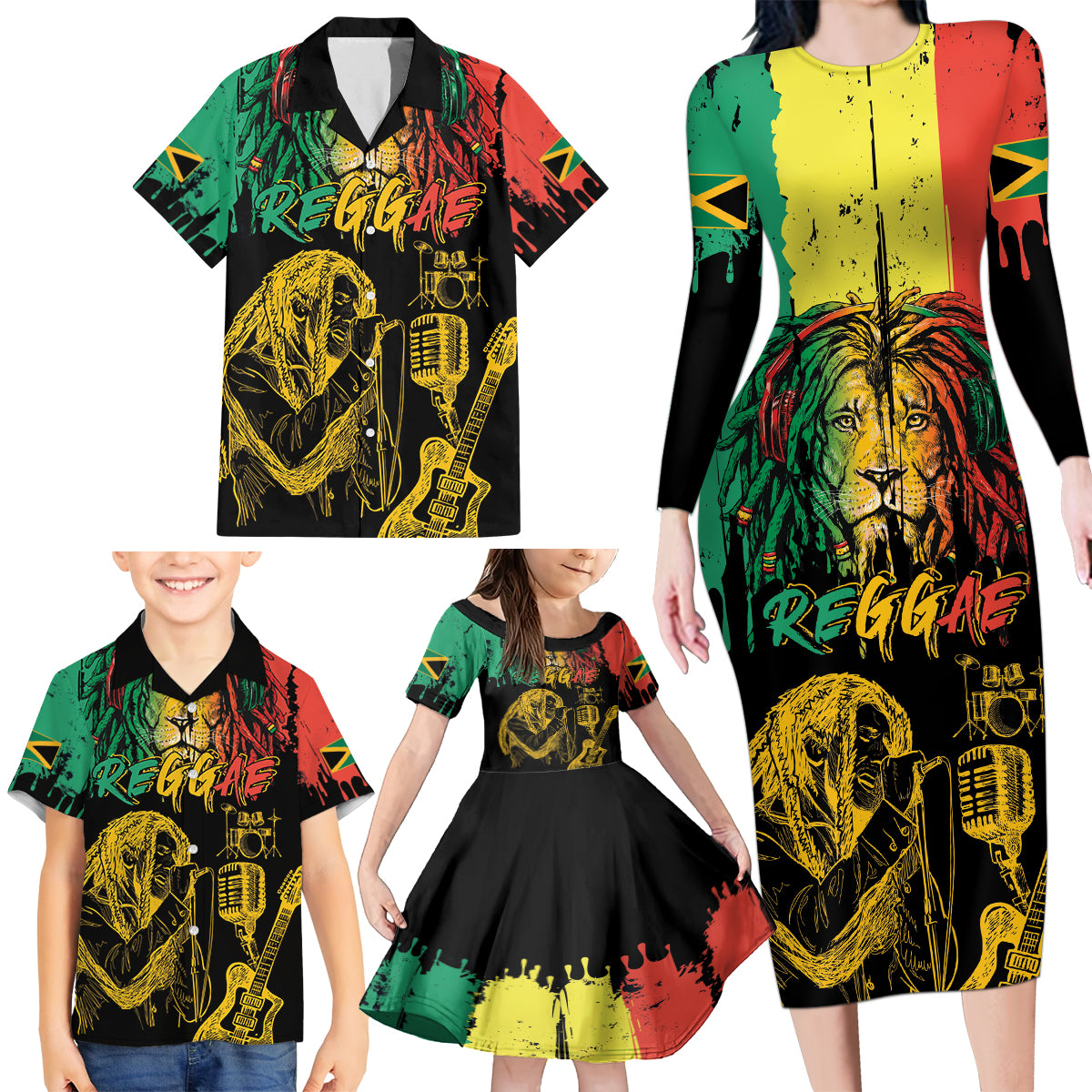International Reggae Day Family Matching Long Sleeve Bodycon Dress and Hawaiian Shirt Rastafarian Lion and B-Marley Passion - Wonder Print Shop