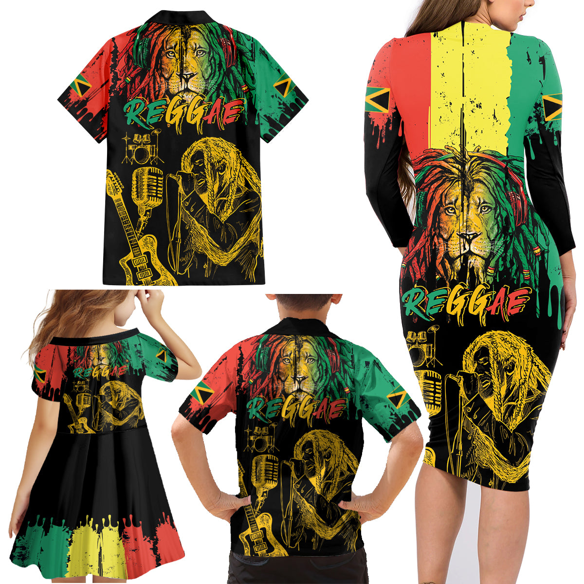 International Reggae Day Family Matching Long Sleeve Bodycon Dress and Hawaiian Shirt Rastafarian Lion and B-Marley Passion - Wonder Print Shop