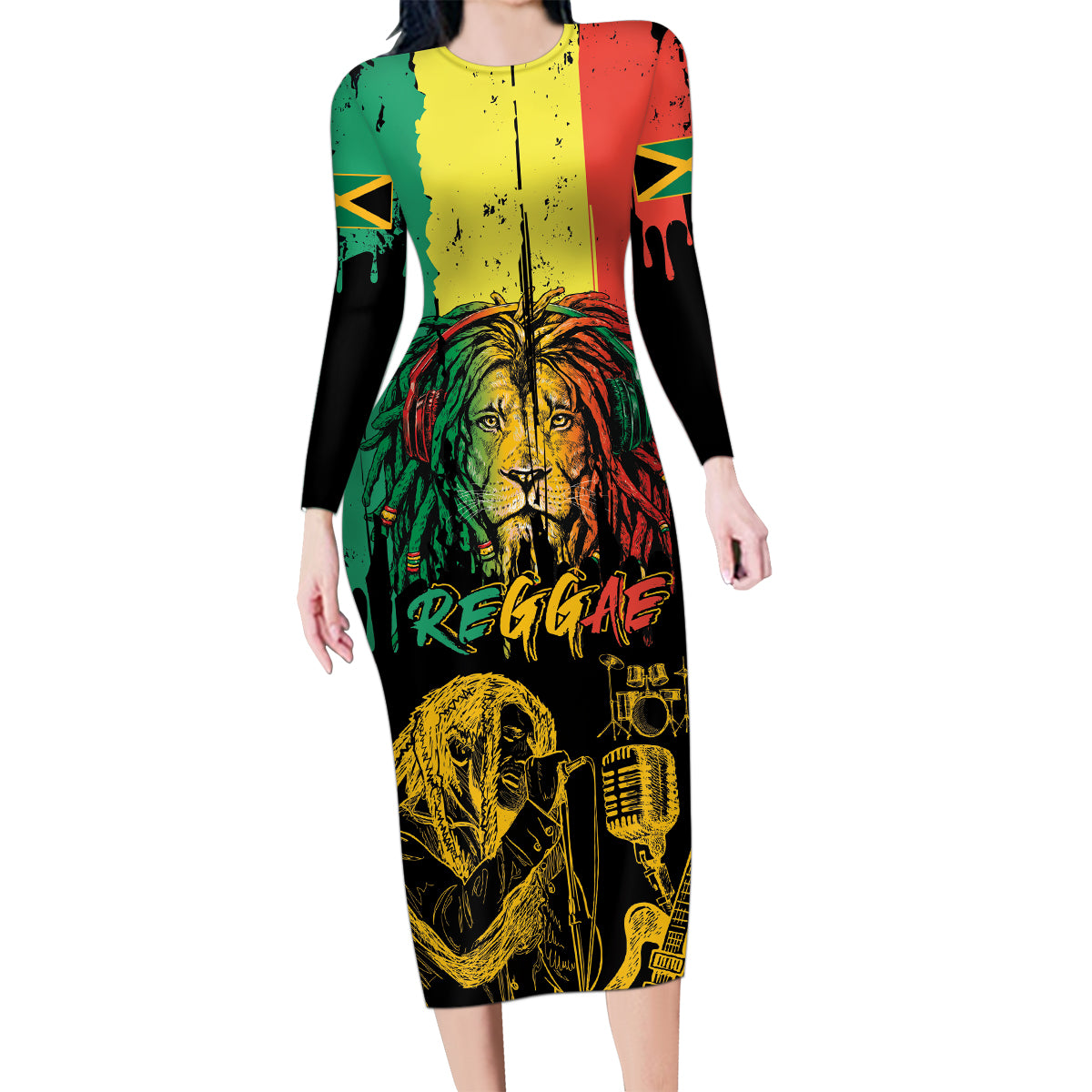 International Reggae Day Family Matching Long Sleeve Bodycon Dress and Hawaiian Shirt Rastafarian Lion and B-Marley Passion - Wonder Print Shop