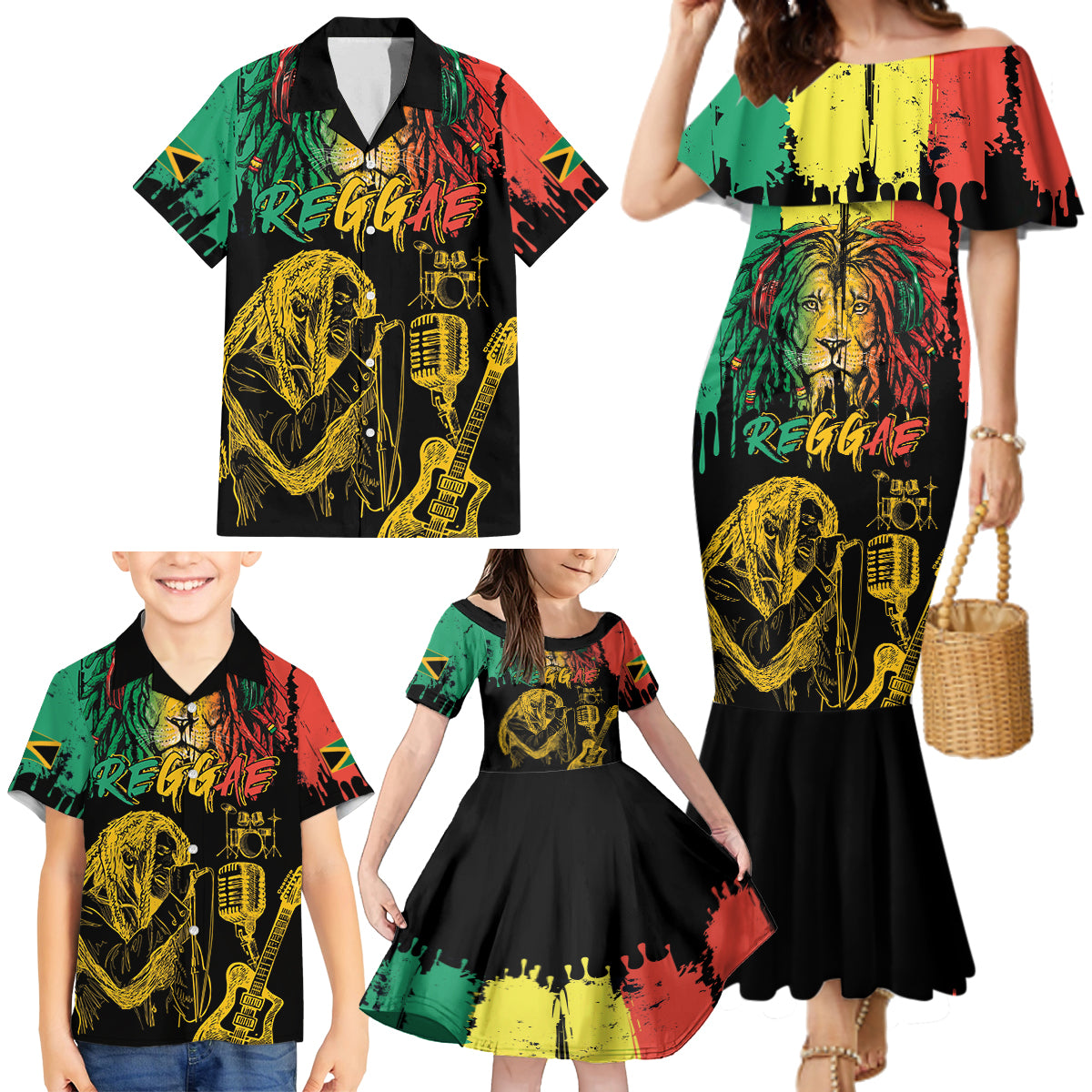 International Reggae Day Family Matching Mermaid Dress and Hawaiian Shirt Rastafarian Lion and B-Marley Passion - Wonder Print Shop