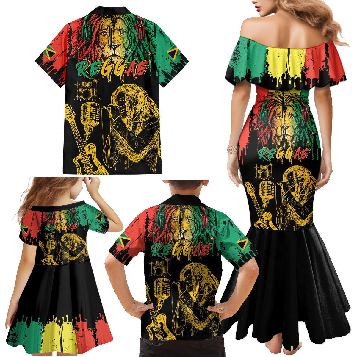 International Reggae Day Family Matching Mermaid Dress and Hawaiian Shirt Rastafarian Lion and B-Marley Passion - Wonder Print Shop