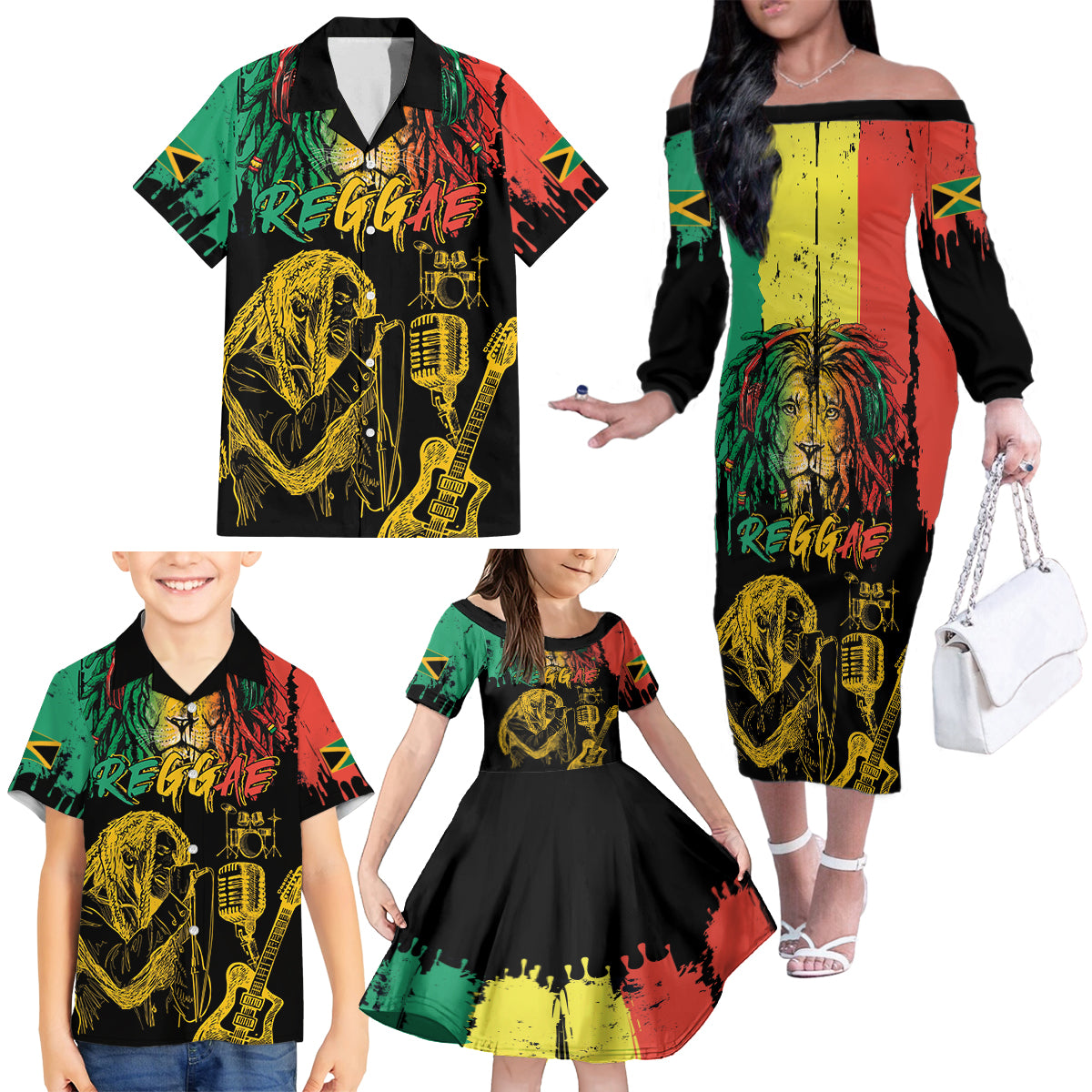International Reggae Day Family Matching Off The Shoulder Long Sleeve Dress and Hawaiian Shirt Rastafarian Lion and B-Marley Passion - Wonder Print Shop