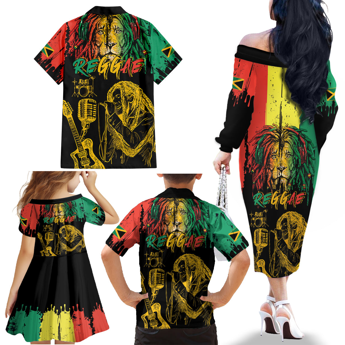 International Reggae Day Family Matching Off The Shoulder Long Sleeve Dress and Hawaiian Shirt Rastafarian Lion and B-Marley Passion - Wonder Print Shop