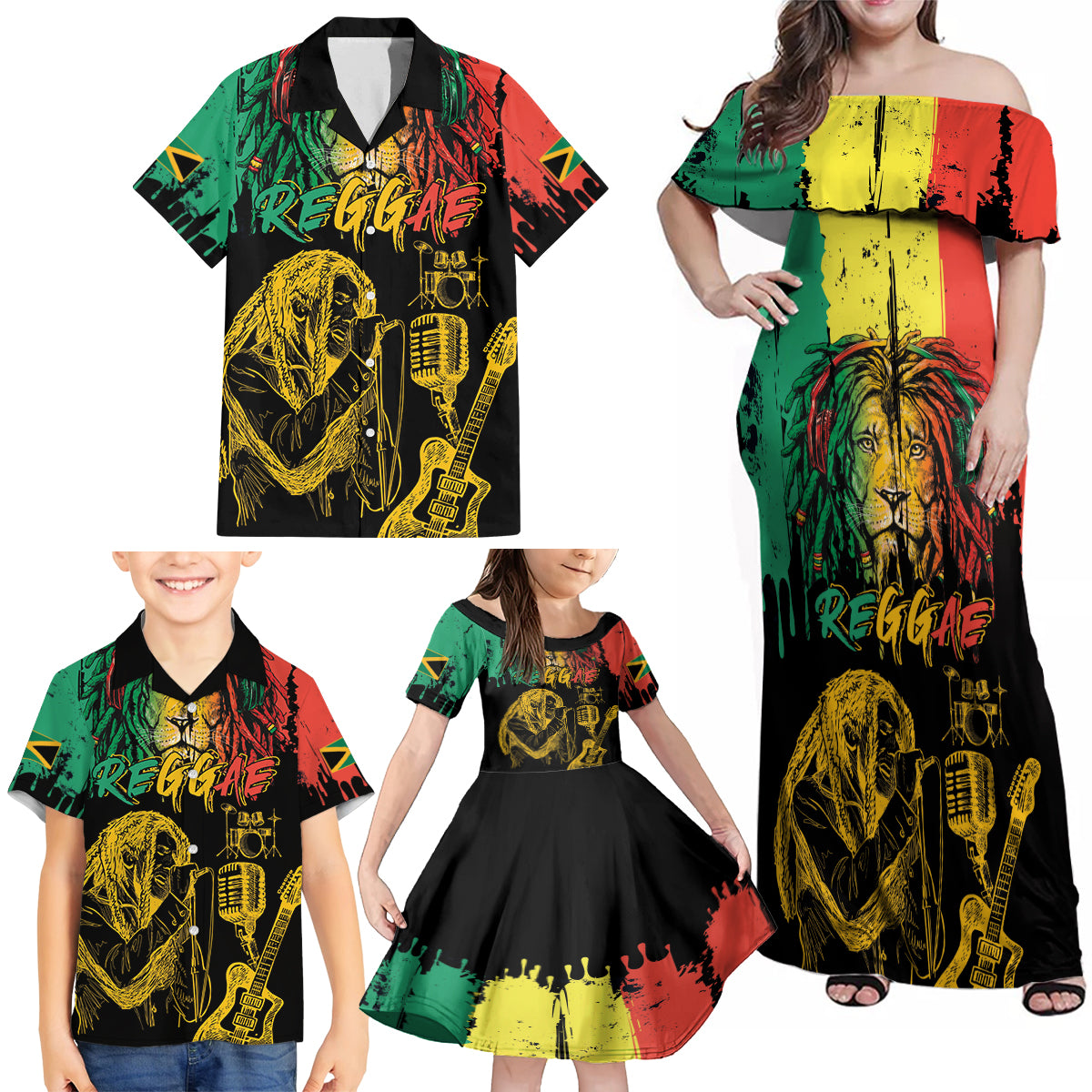 International Reggae Day Family Matching Off Shoulder Maxi Dress and Hawaiian Shirt Rastafarian Lion and B-Marley Passion - Wonder Print Shop