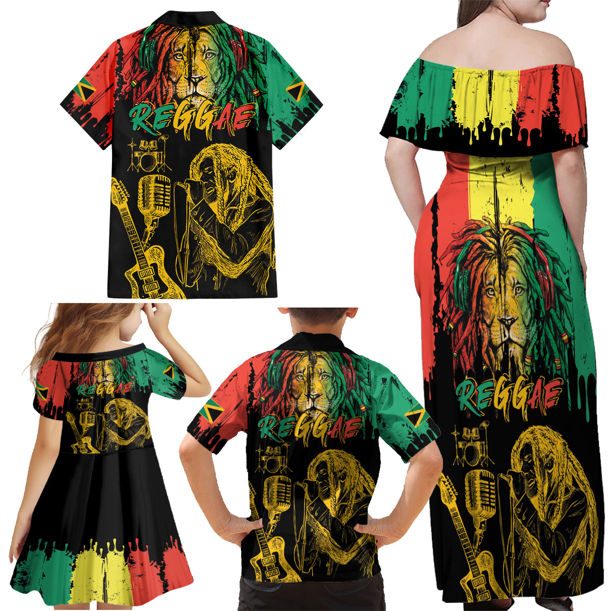 International Reggae Day Family Matching Off Shoulder Maxi Dress and Hawaiian Shirt Rastafarian Lion and B-Marley Passion - Wonder Print Shop