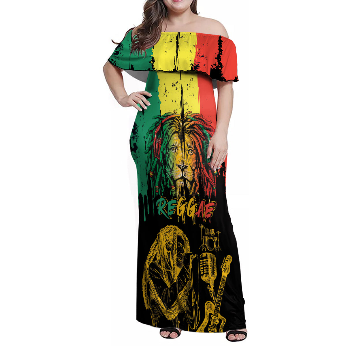 International Reggae Day Family Matching Off Shoulder Maxi Dress and Hawaiian Shirt Rastafarian Lion and B-Marley Passion - Wonder Print Shop