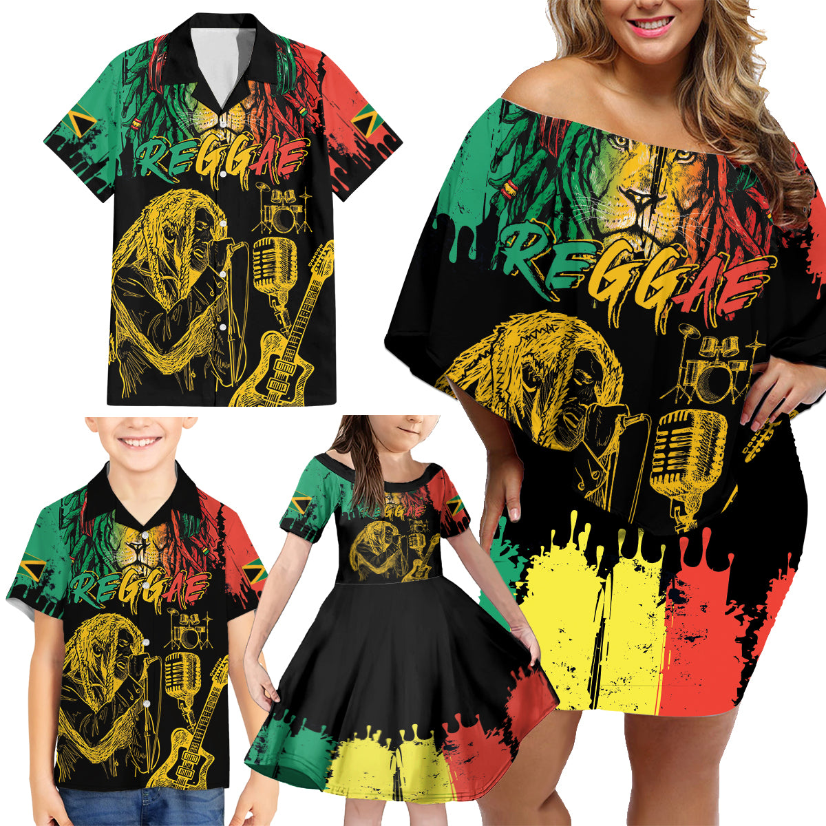 International Reggae Day Family Matching Off Shoulder Short Dress and Hawaiian Shirt Rastafarian Lion and B-Marley Passion - Wonder Print Shop