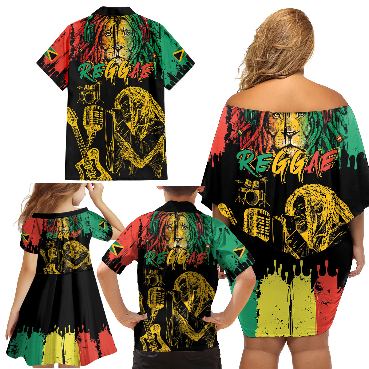 International Reggae Day Family Matching Off Shoulder Short Dress and Hawaiian Shirt Rastafarian Lion and B-Marley Passion - Wonder Print Shop