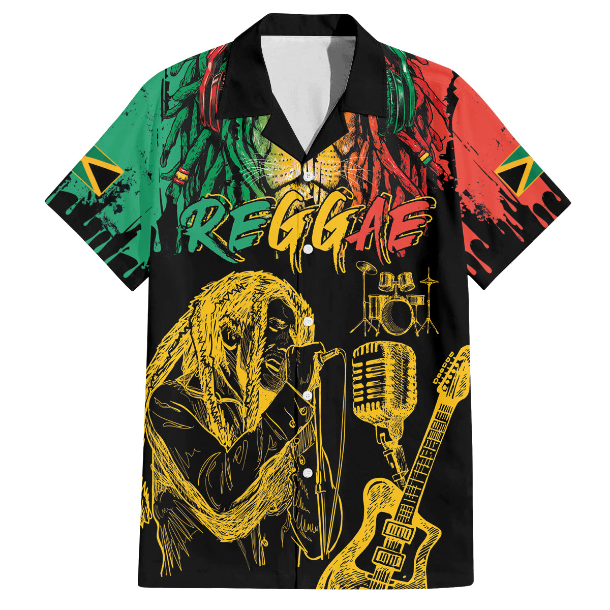 International Reggae Day Family Matching Off Shoulder Short Dress and Hawaiian Shirt Rastafarian Lion and B-Marley Passion - Wonder Print Shop