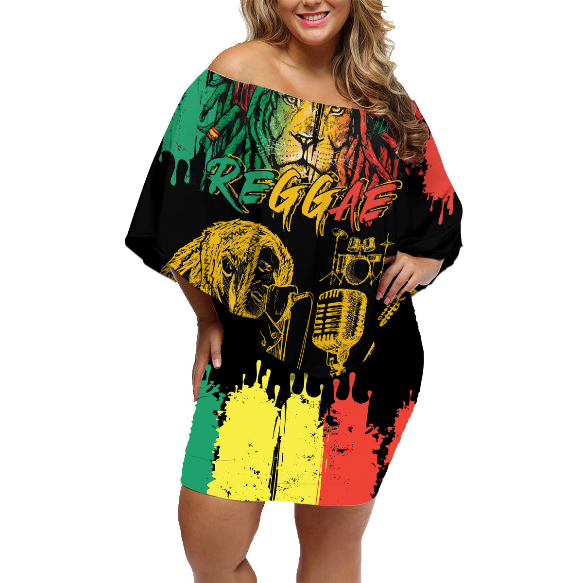 International Reggae Day Family Matching Off Shoulder Short Dress and Hawaiian Shirt Rastafarian Lion and B-Marley Passion - Wonder Print Shop