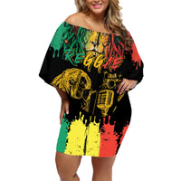 International Reggae Day Family Matching Off Shoulder Short Dress and Hawaiian Shirt Rastafarian Lion and B-Marley Passion - Wonder Print Shop