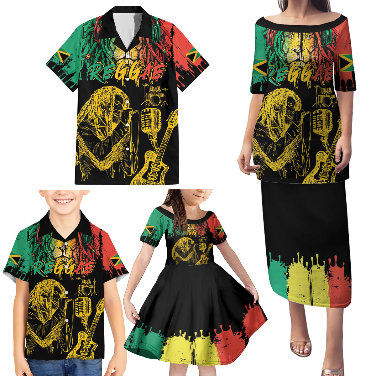 International Reggae Day Family Matching Puletasi and Hawaiian Shirt Rastafarian Lion and B-Marley Passion - Wonder Print Shop