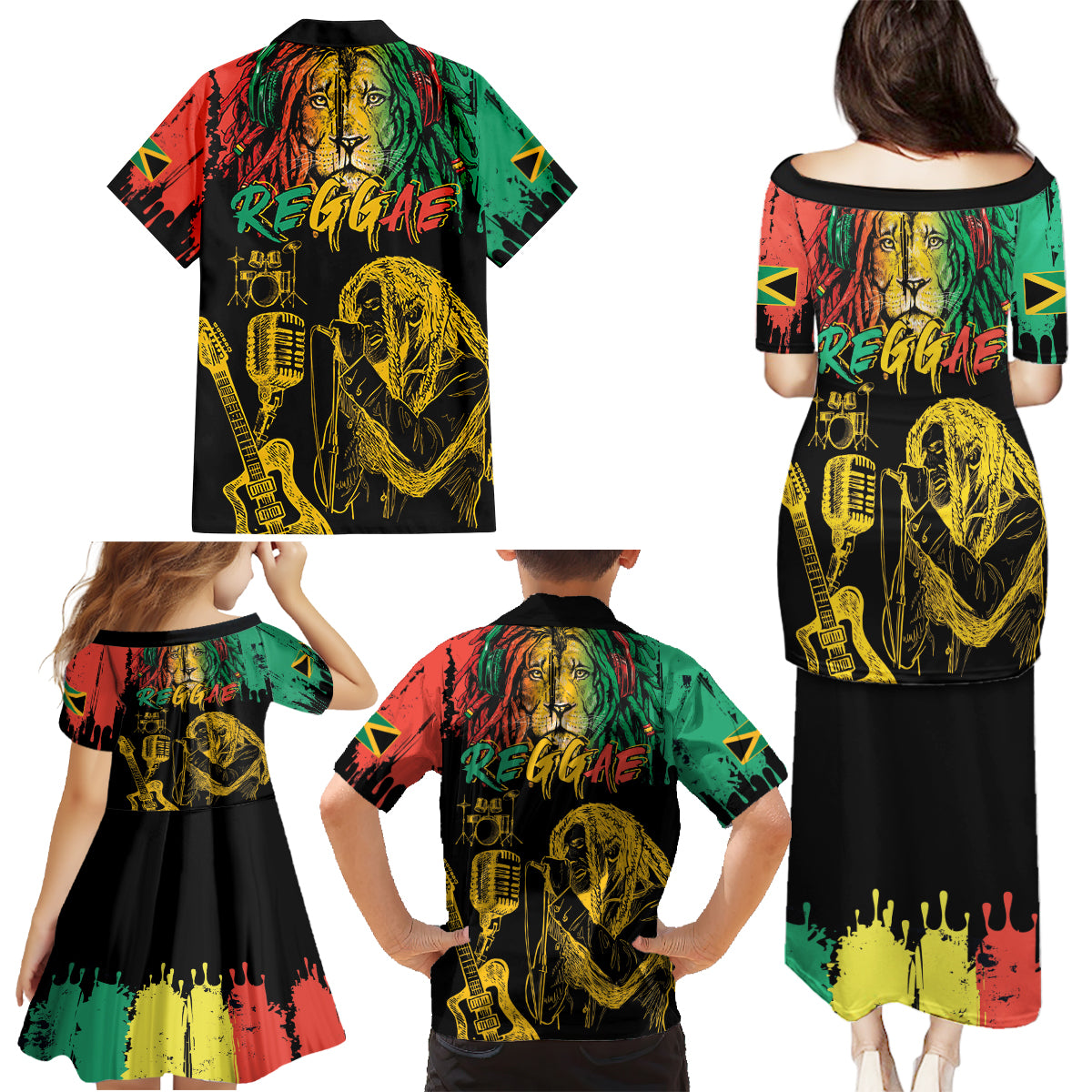 International Reggae Day Family Matching Puletasi and Hawaiian Shirt Rastafarian Lion and B-Marley Passion - Wonder Print Shop