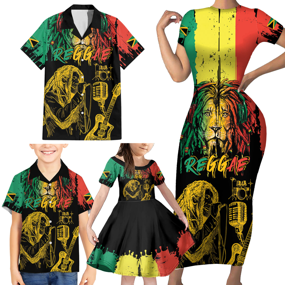 International Reggae Day Family Matching Short Sleeve Bodycon Dress and Hawaiian Shirt Rastafarian Lion and B-Marley Passion - Wonder Print Shop