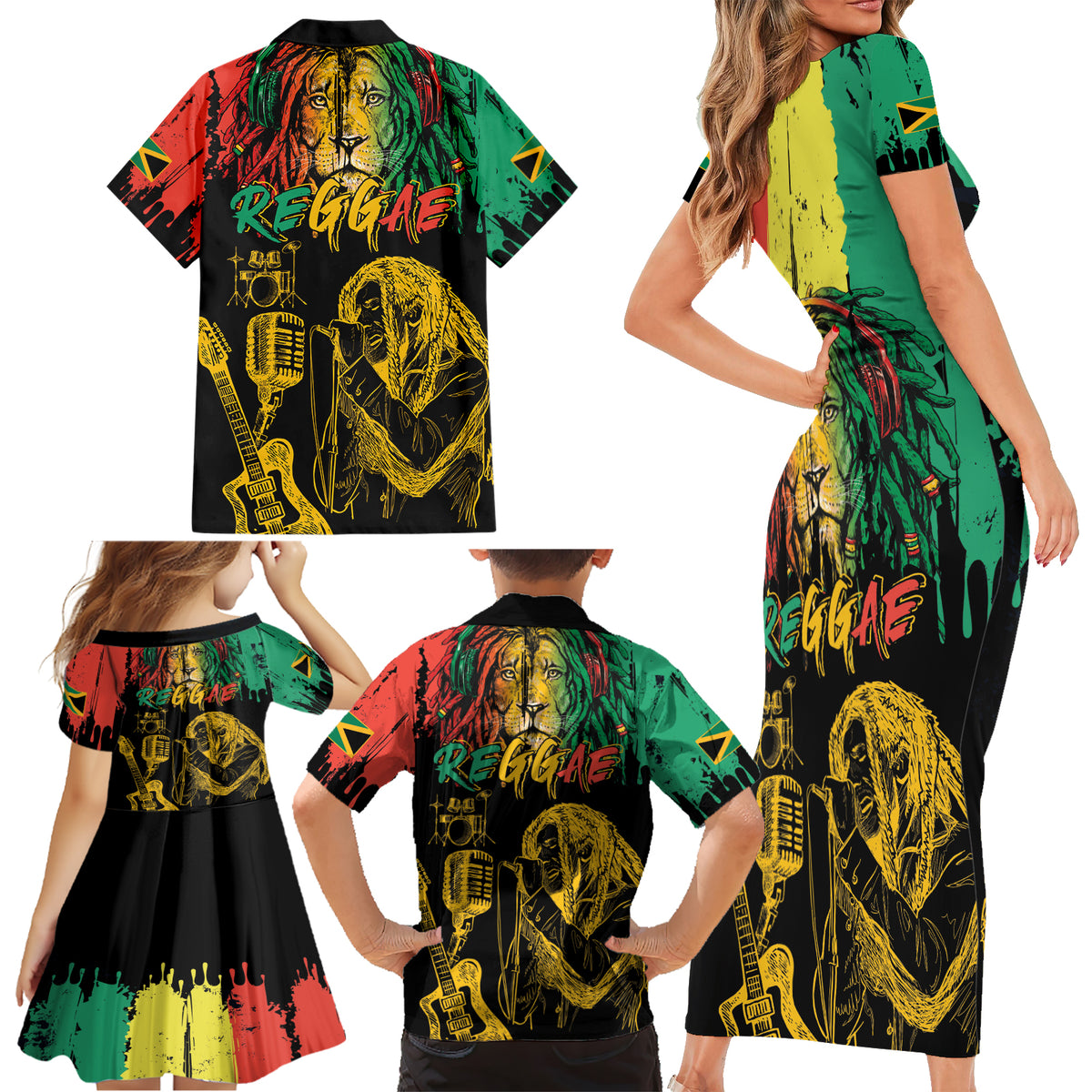 International Reggae Day Family Matching Short Sleeve Bodycon Dress and Hawaiian Shirt Rastafarian Lion and B-Marley Passion - Wonder Print Shop