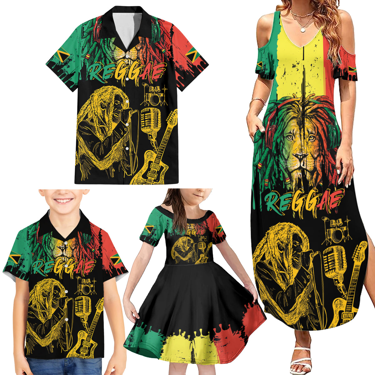 International Reggae Day Family Matching Summer Maxi Dress and Hawaiian Shirt Rastafarian Lion and B-Marley Passion - Wonder Print Shop