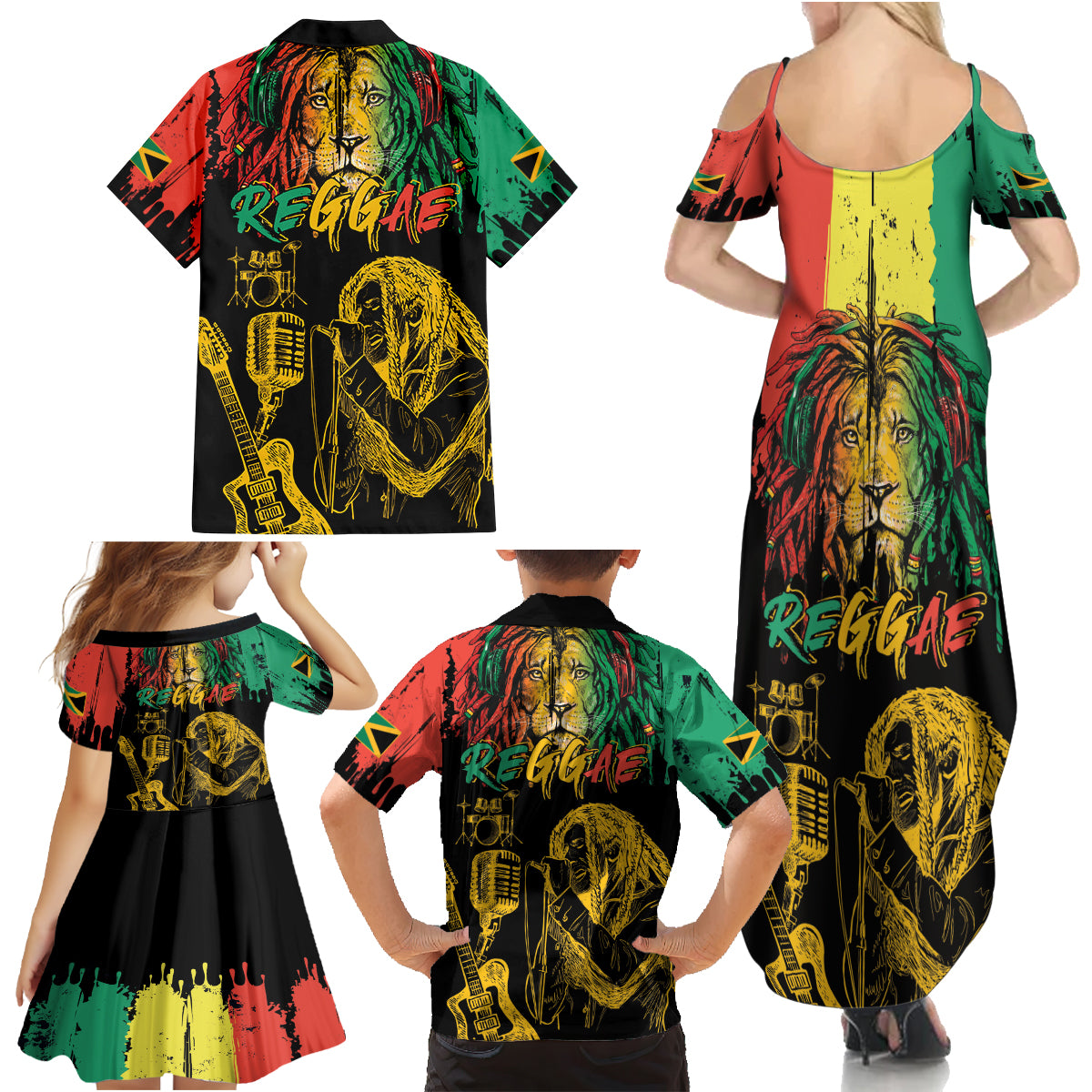 International Reggae Day Family Matching Summer Maxi Dress and Hawaiian Shirt Rastafarian Lion and B-Marley Passion - Wonder Print Shop