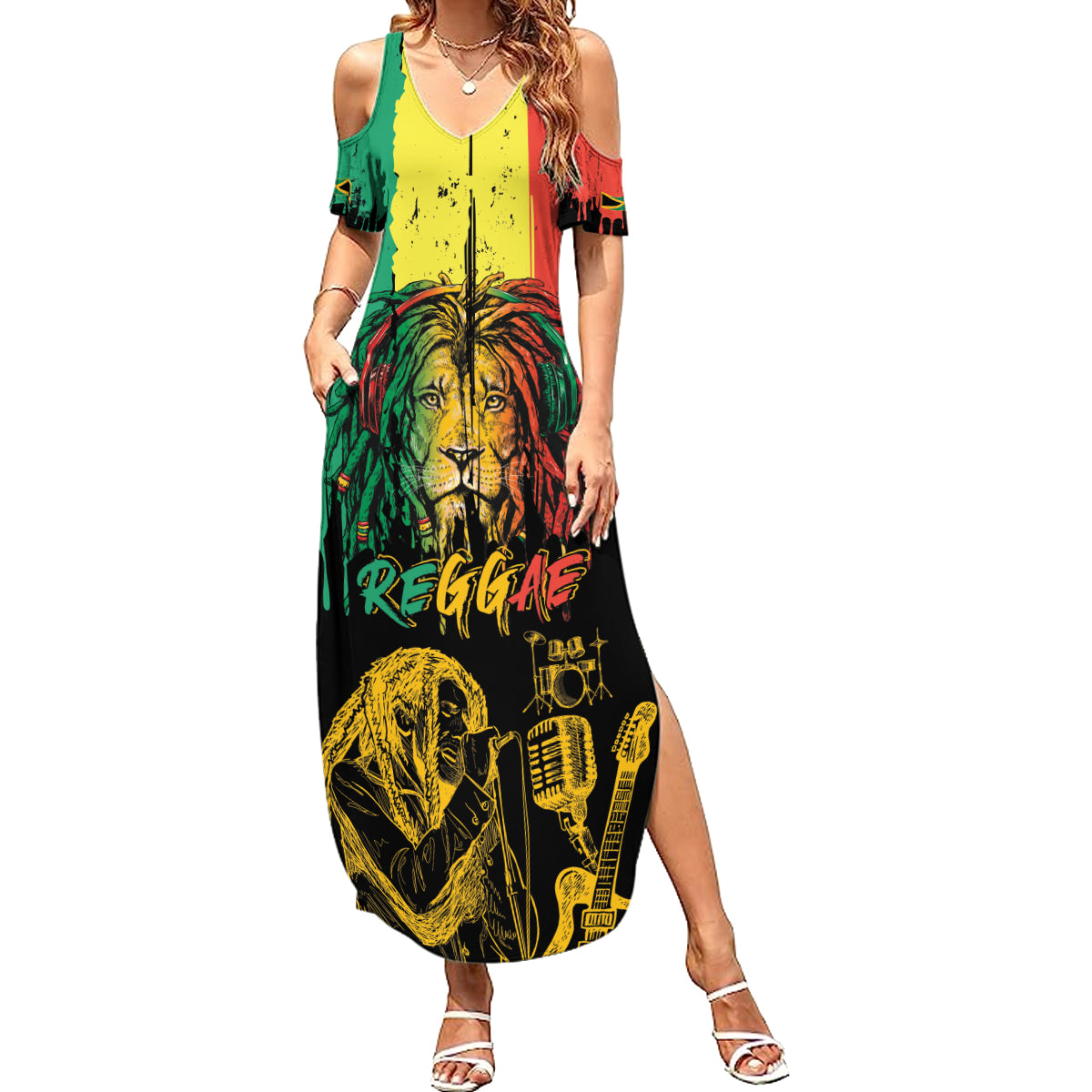 International Reggae Day Family Matching Summer Maxi Dress and Hawaiian Shirt Rastafarian Lion and B-Marley Passion - Wonder Print Shop