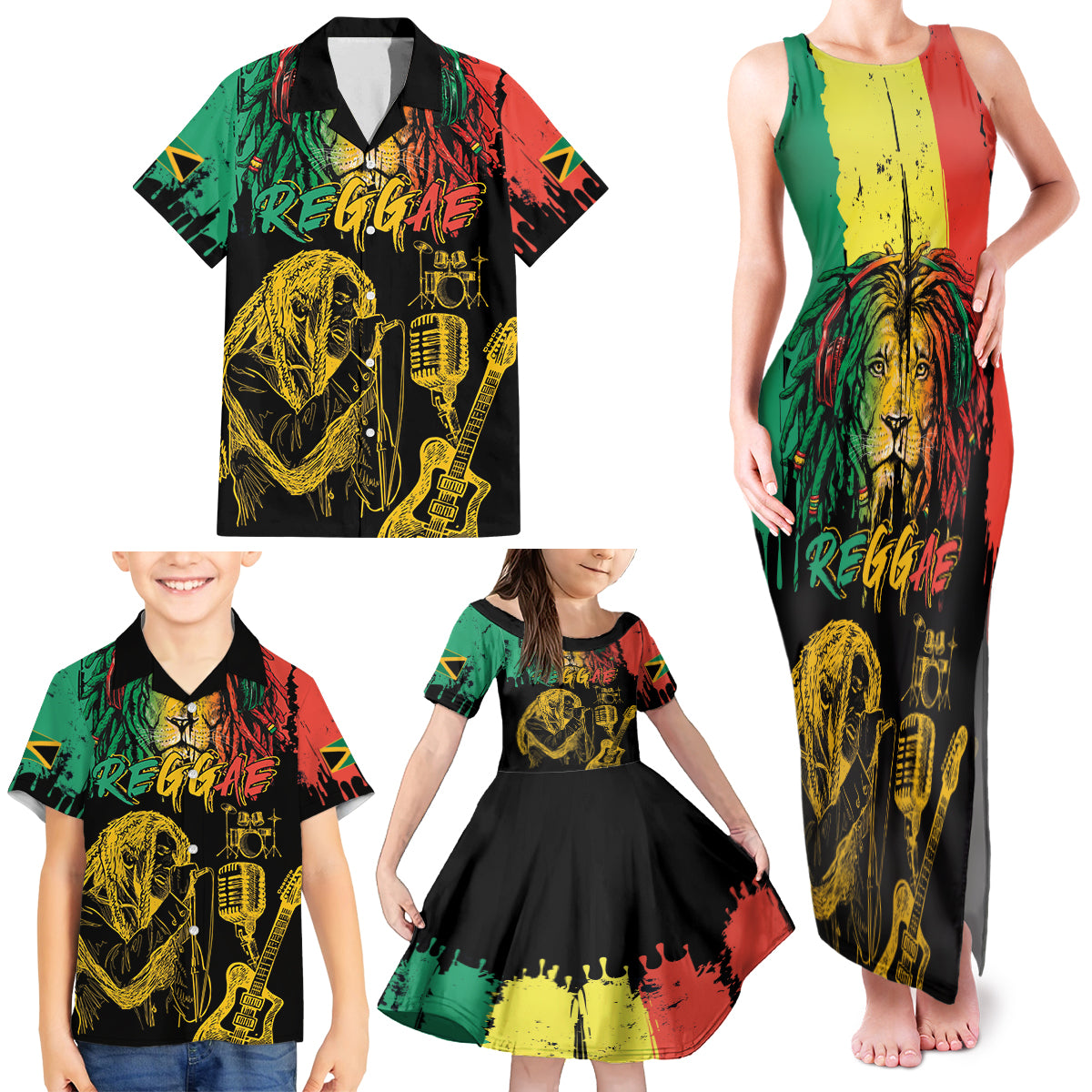 International Reggae Day Family Matching Tank Maxi Dress and Hawaiian Shirt Rastafarian Lion and B-Marley Passion - Wonder Print Shop