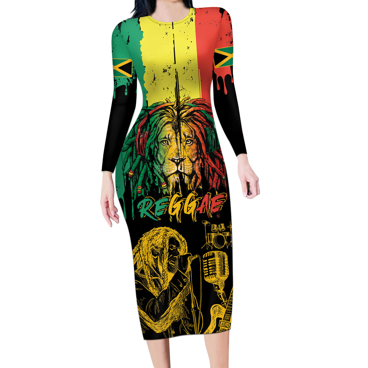 International Reggae Day Long Sleeve Bodycon Dress Rastafarian Lion and B-Marley Passion - Wonder Print Shop