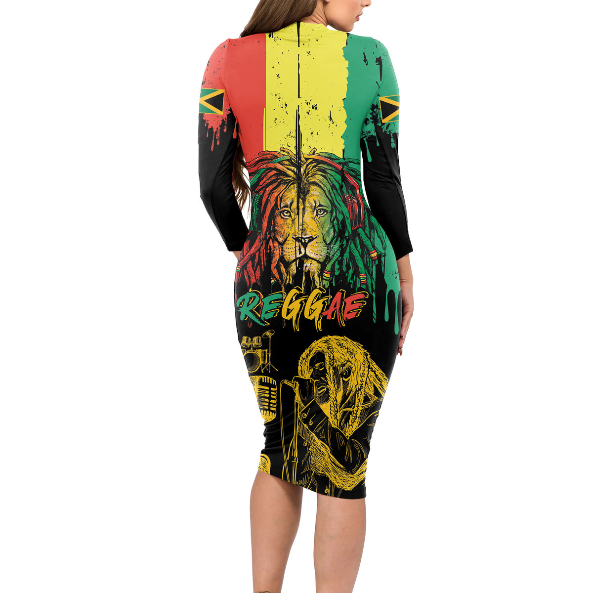 International Reggae Day Long Sleeve Bodycon Dress Rastafarian Lion and B-Marley Passion - Wonder Print Shop