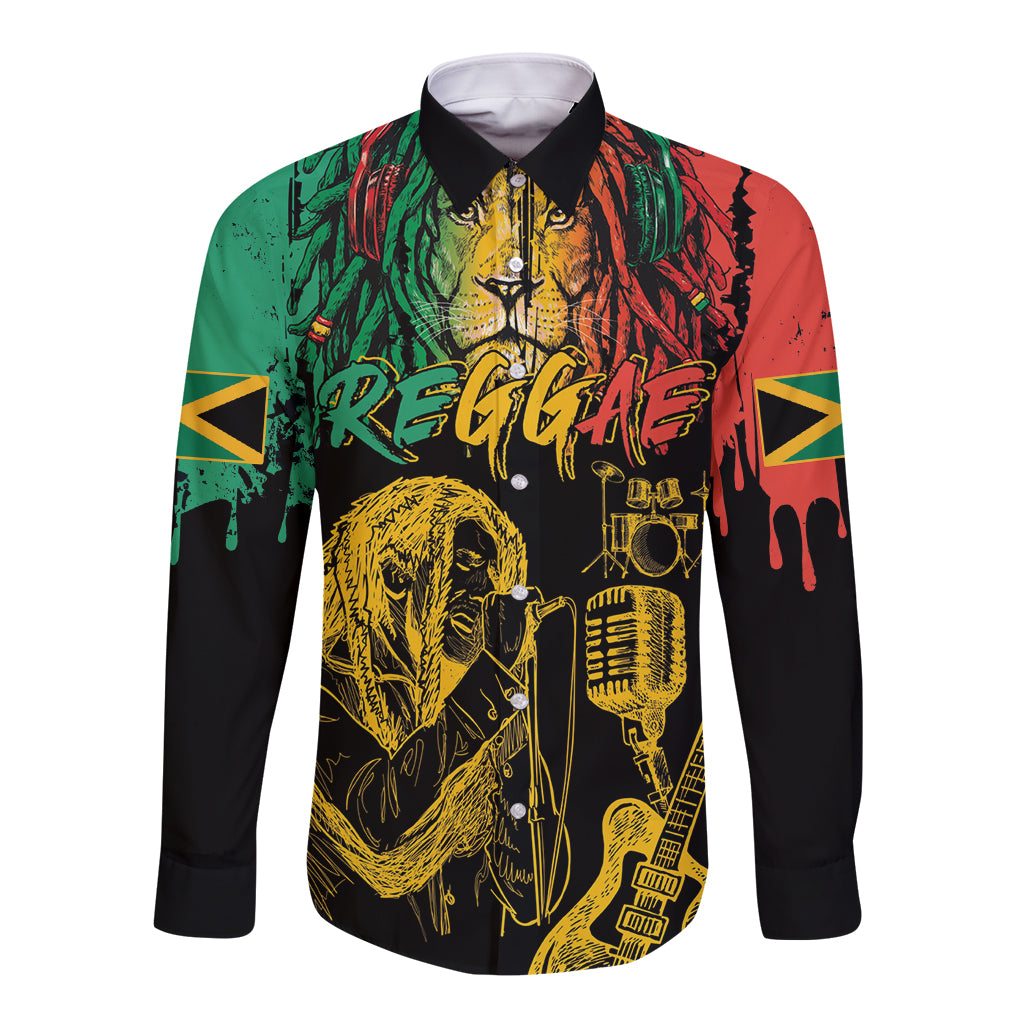 International Reggae Day Long Sleeve Button Shirt Rastafarian Lion and B-Marley Passion - Wonder Print Shop