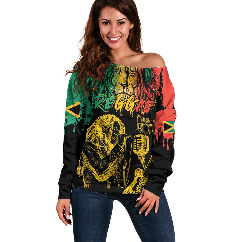 International Reggae Day Off Shoulder Sweater Rastafarian Lion and B-Marley Passion - Wonder Print Shop