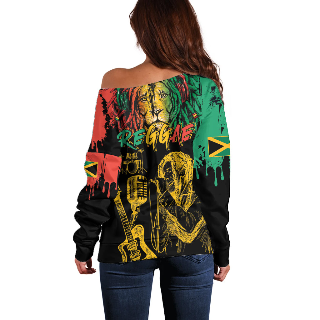 International Reggae Day Off Shoulder Sweater Rastafarian Lion and B-Marley Passion - Wonder Print Shop