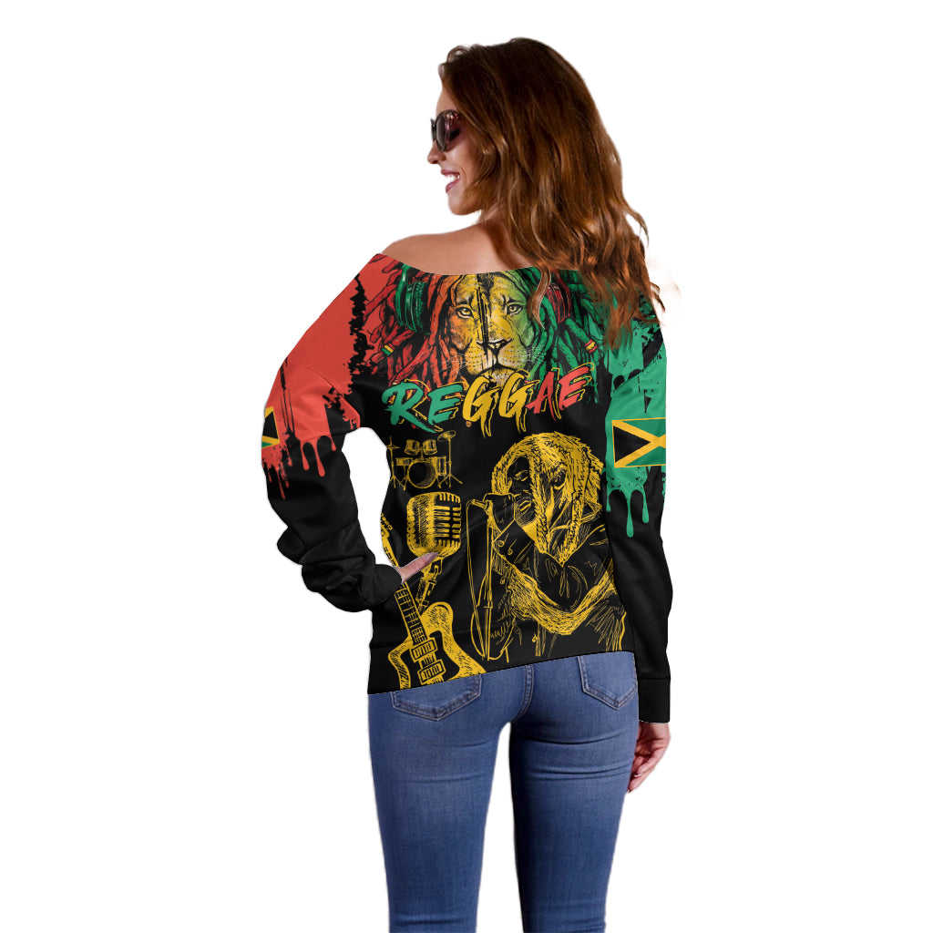 International Reggae Day Off Shoulder Sweater Rastafarian Lion and B-Marley Passion - Wonder Print Shop