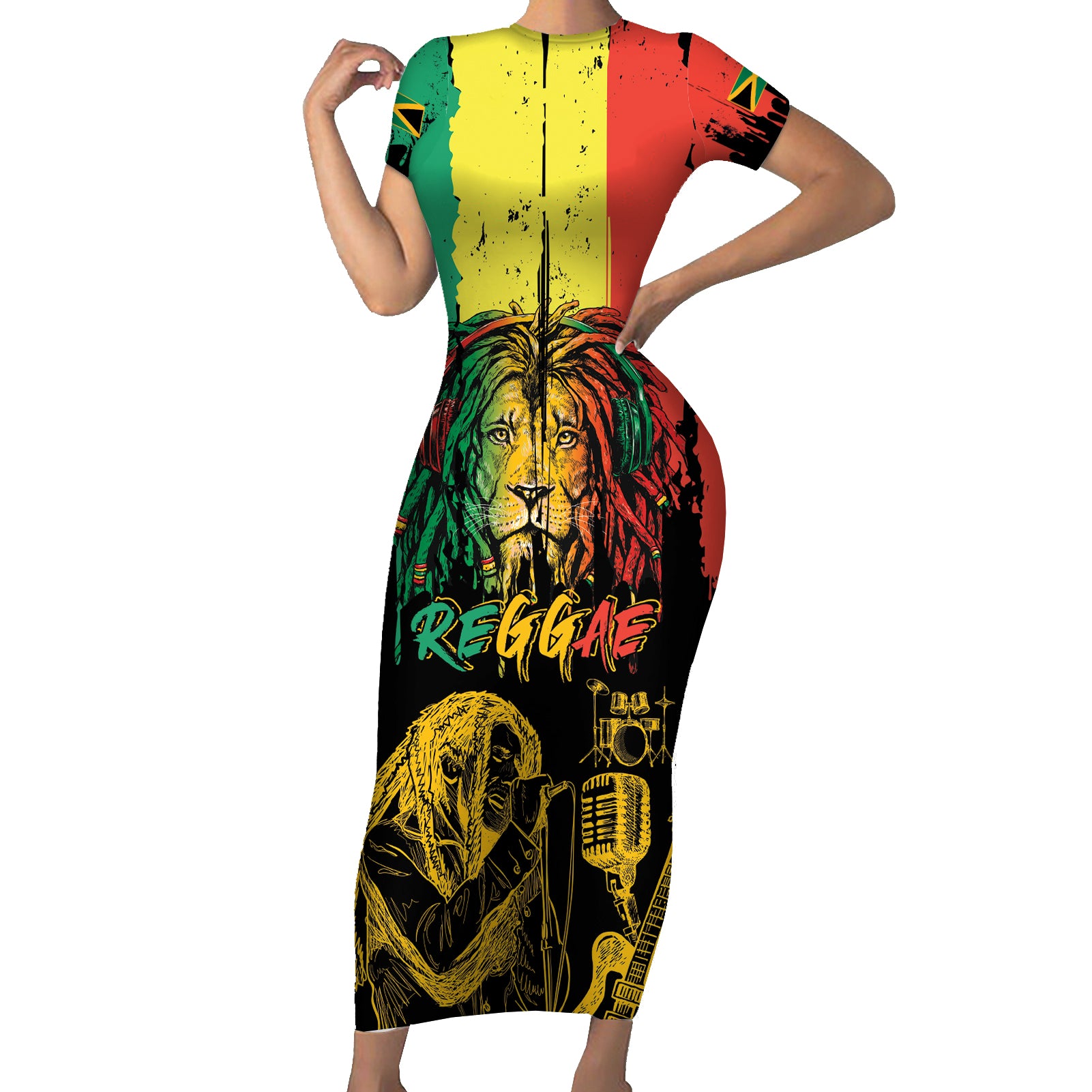 International Reggae Day Short Sleeve Bodycon Dress Rastafarian Lion and B-Marley Passion - Wonder Print Shop