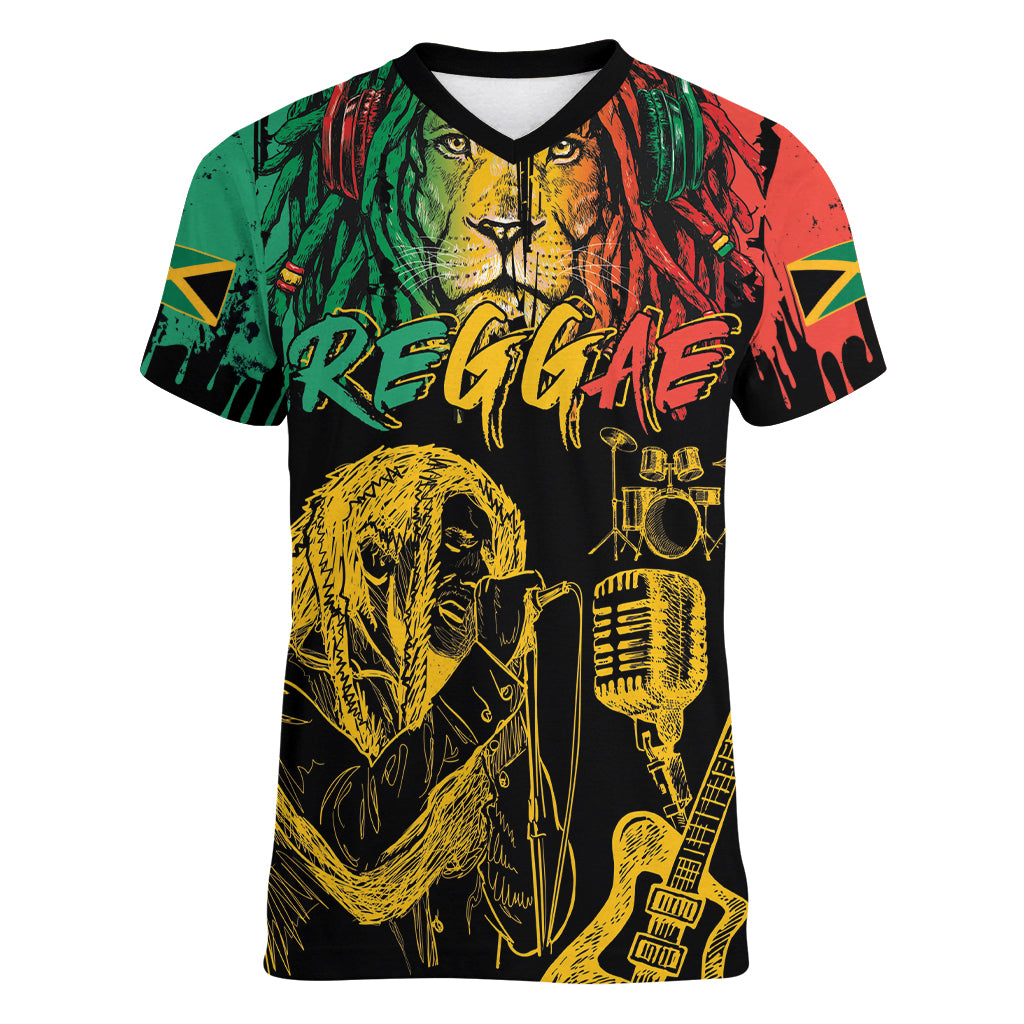 International Reggae Day Women V-Neck T-Shirt Rastafarian Lion and B-Marley Passion - Wonder Print Shop
