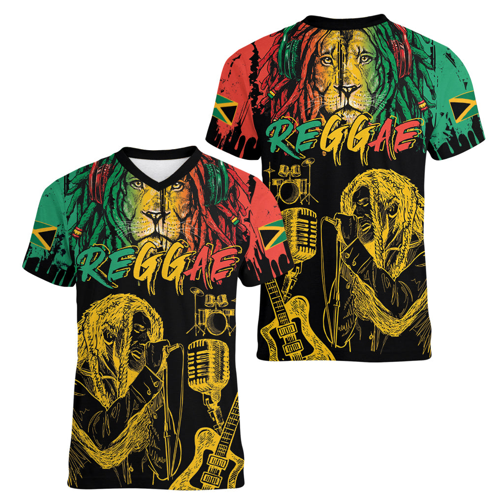 International Reggae Day Women V-Neck T-Shirt Rastafarian Lion and B-Marley Passion - Wonder Print Shop