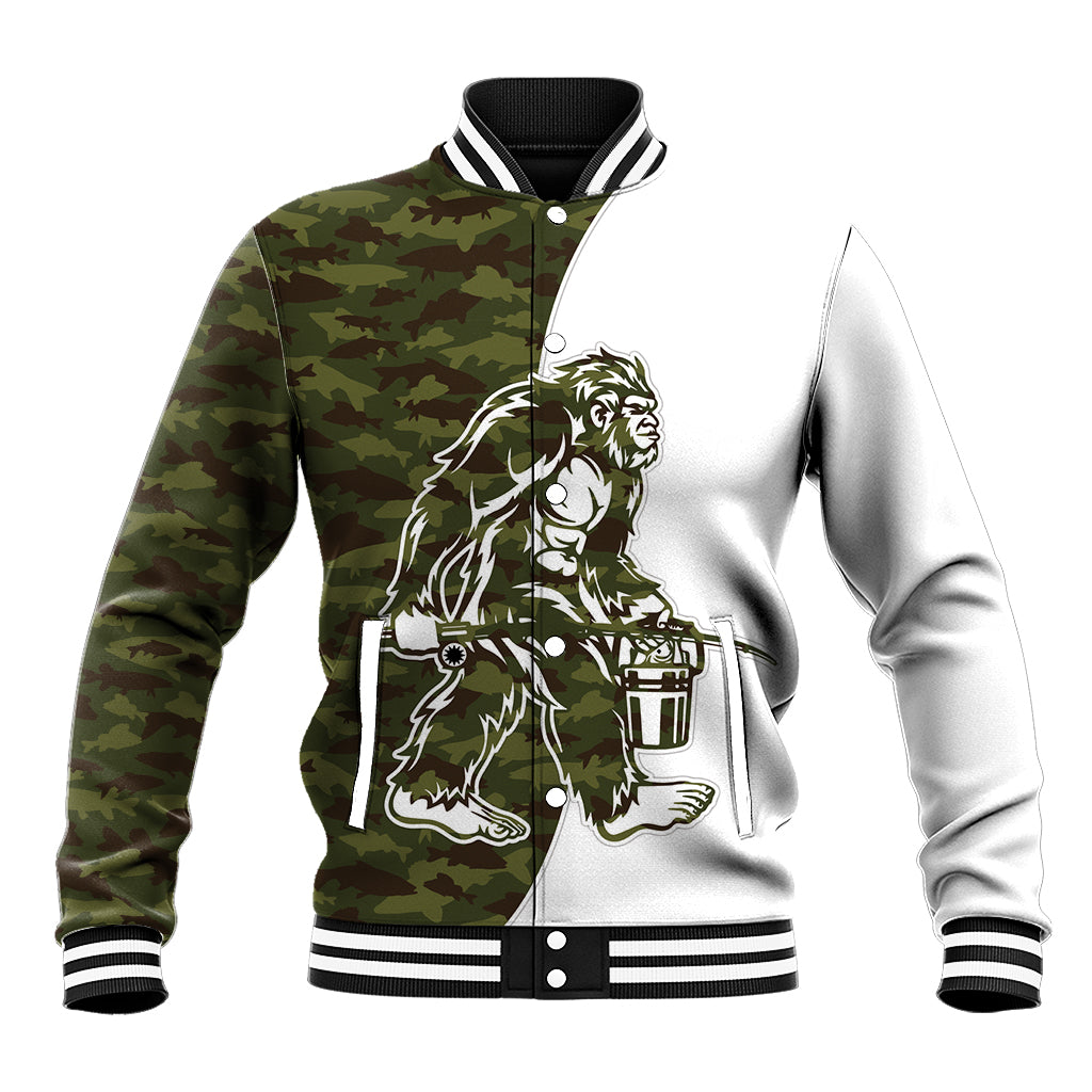 Funny Bigfoot Green Military Texture Fish Baseball Jacket - Wonder Print Shop