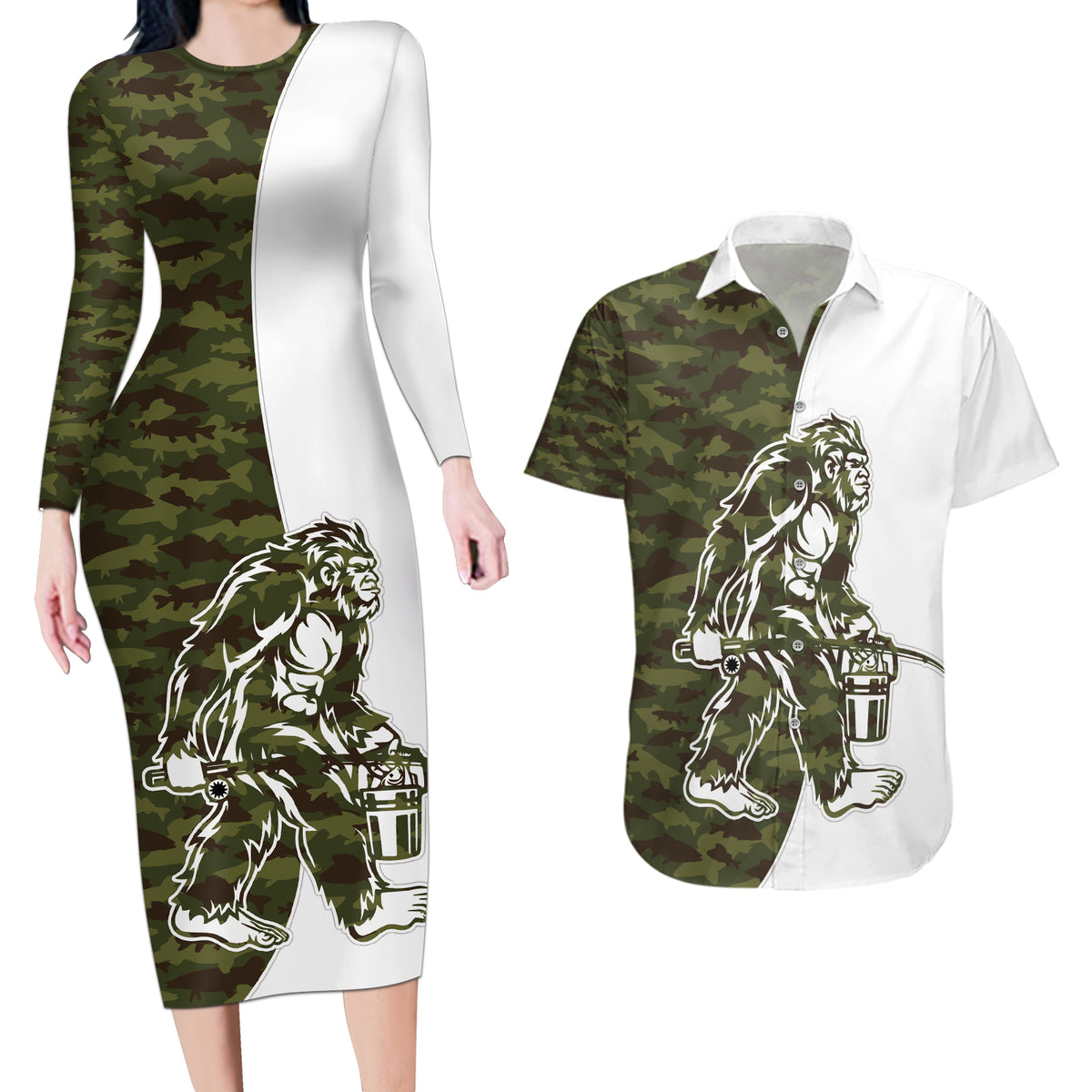 Funny Bigfoot Green Military Texture Fish Couples Matching Long Sleeve Bodycon Dress and Hawaiian Shirt - Wonder Print Shop