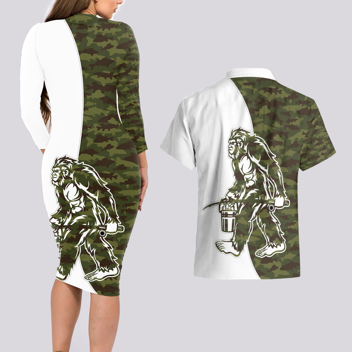 Funny Bigfoot Green Military Texture Fish Couples Matching Long Sleeve Bodycon Dress and Hawaiian Shirt - Wonder Print Shop